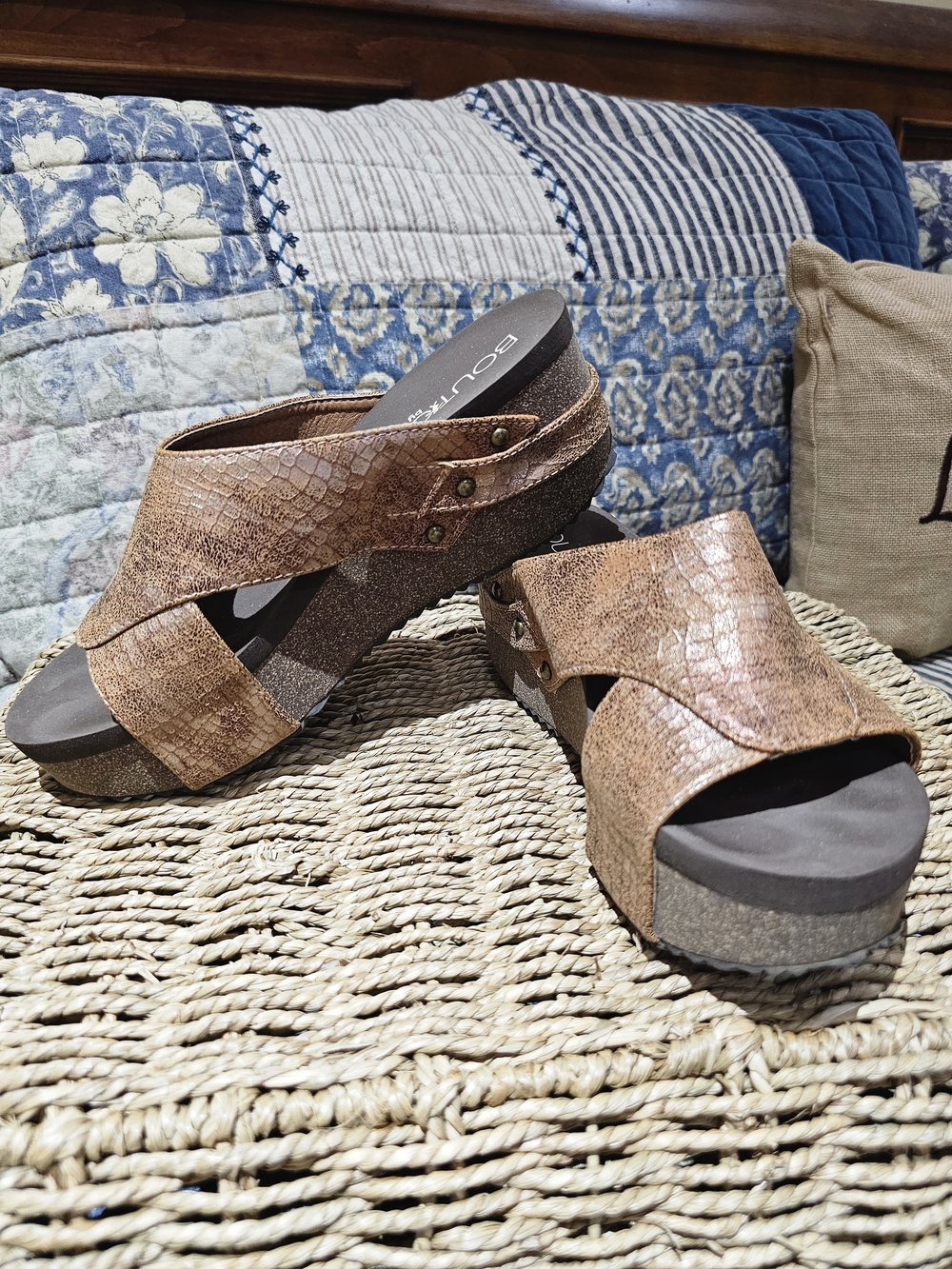 Rose Gold Snake-Print Wedge Slides